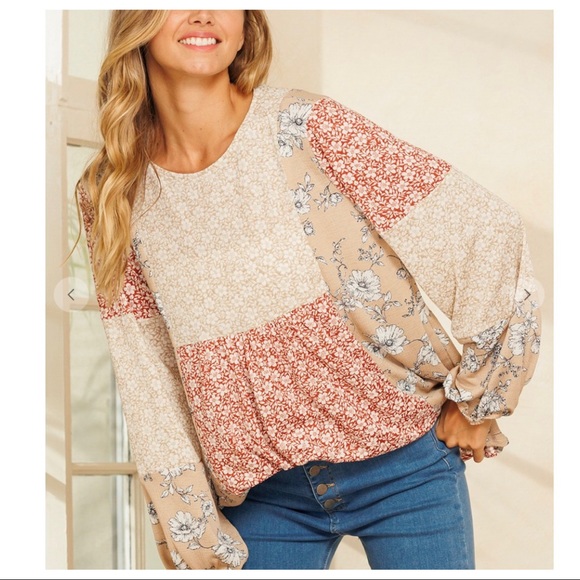Tops - Long Sleeves Color Block Boho Chic Floral Top